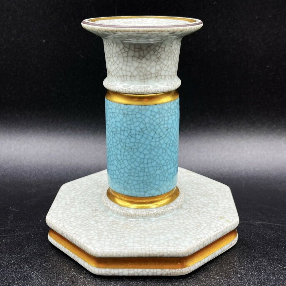 Vtg ROYAL COPENHAGEN DENMARK CRAQUELE CANDLESTICK Grey Crackelure Blue Band Gold